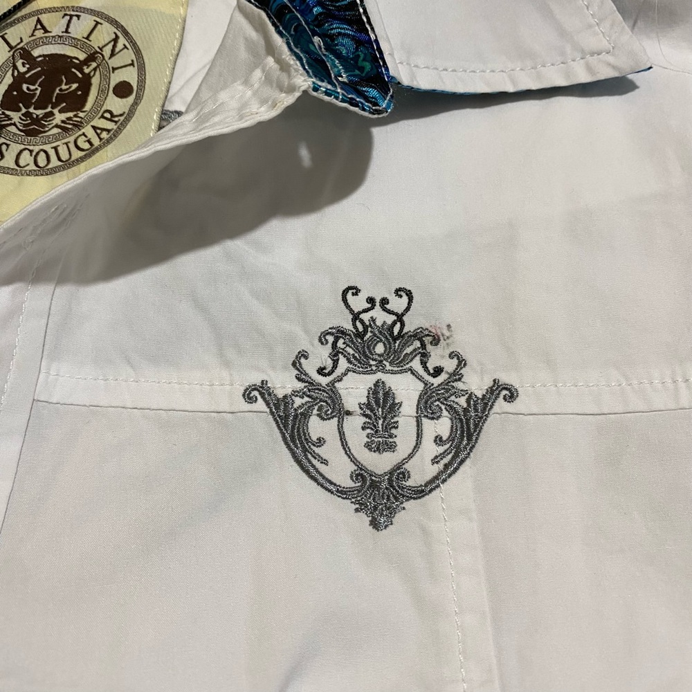 Platini Men’s Embroidered Button Down Shirt w/ Paisley Pattern Trim Sz M  White - Picture 4 of 10